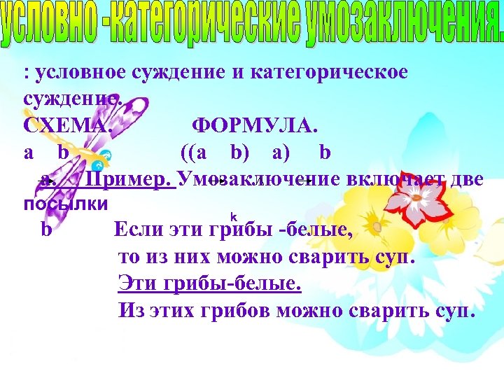 : условное суждение и категорическое суждение. СХЕМА. ФОРМУЛА. a b ((a b) a) b
