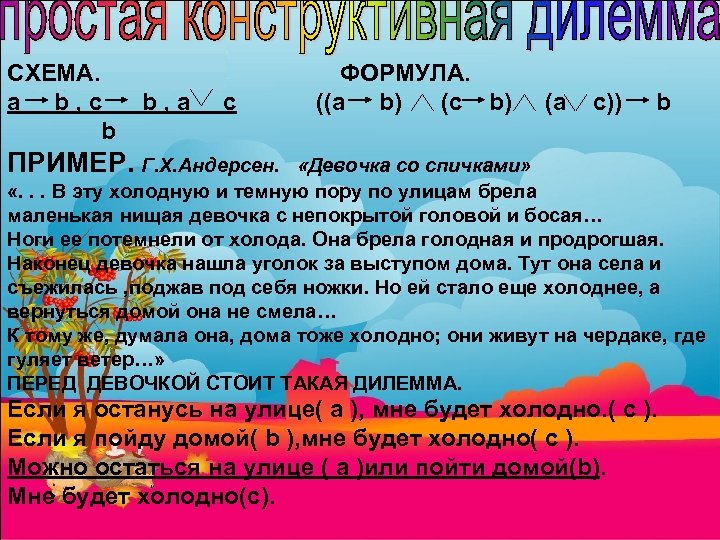 СХЕМА. a b, c b b, a c ФОРМУЛА. ((a b) (c b) (a