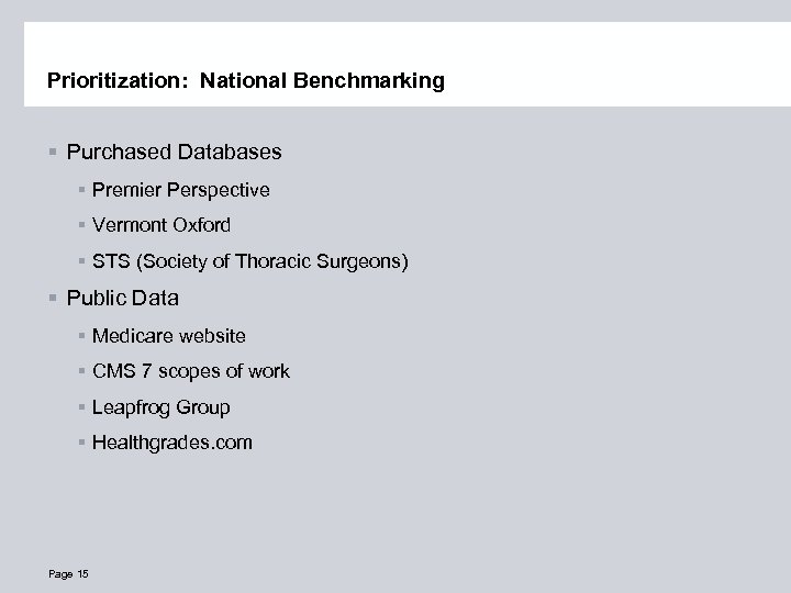 Prioritization: National Benchmarking § Purchased Databases § Premier Perspective § Vermont Oxford § STS