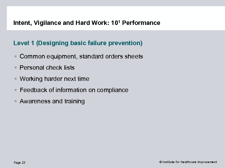 Intent, Vigilance and Hard Work: 101 Performance Level 1 (Designing basic failure prevention) §
