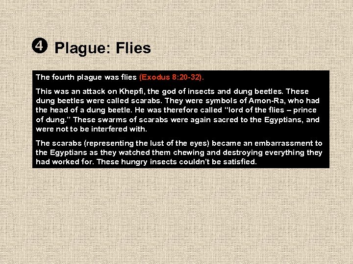  Plague: Flies The fourth plague was flies (Exodus 8: 20 -32). This was