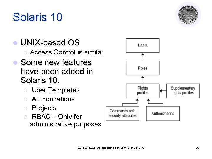 Solaris 10 l UNIX-based OS ¡ l Access Control is similar. Some new features