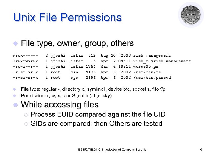 Unix File Permissions l File type, owner, group, others drwx-----lrwxrwxrwx -rw-r--r--r-sr-xr-x -r-sr-sr-x 2 1