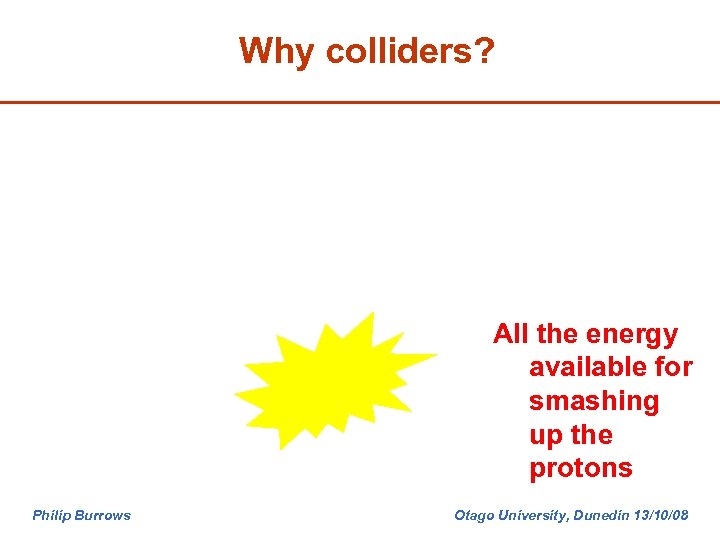 Why colliders? All the energy available for smashing up the protons Philip Burrows Otago