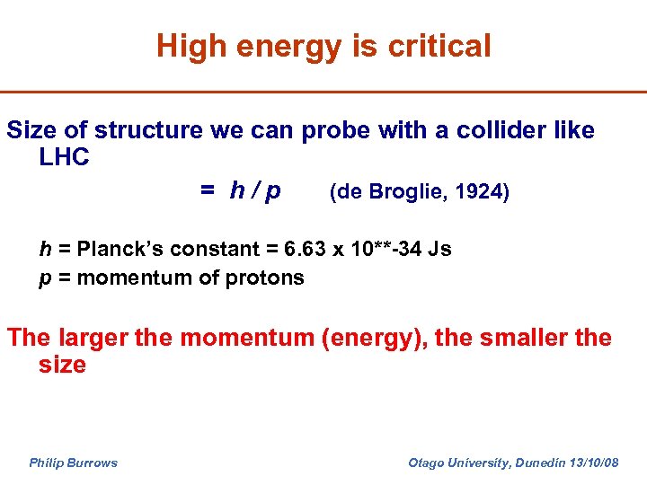 High energy is critical Size of structure we can probe with a collider like