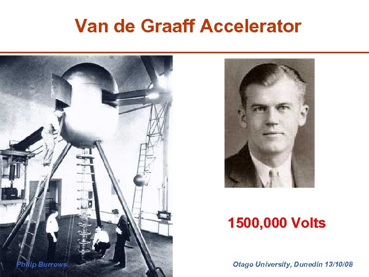 Van de Graaff Accelerator 1500, 000 Volts Philip Burrows Otago University, Dunedin 13/10/08 