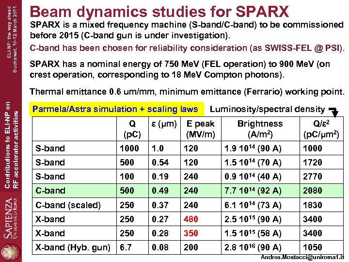 ELI-NP: the way ahead Bucharest, 10 -12 March 2011 Beam dynamics studies for SPARX