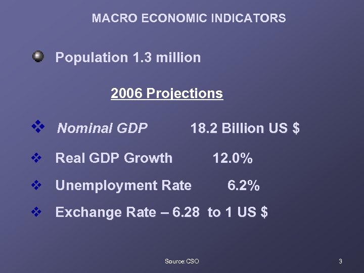 MACRO ECONOMIC INDICATORS Population 1. 3 million 2006 Projections v Nominal GDP 18. 2