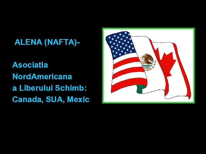 ALENA (NAFTA) Asociatia Nord. Americana a Liberului Schimb: Canada, SUA, Mexic 