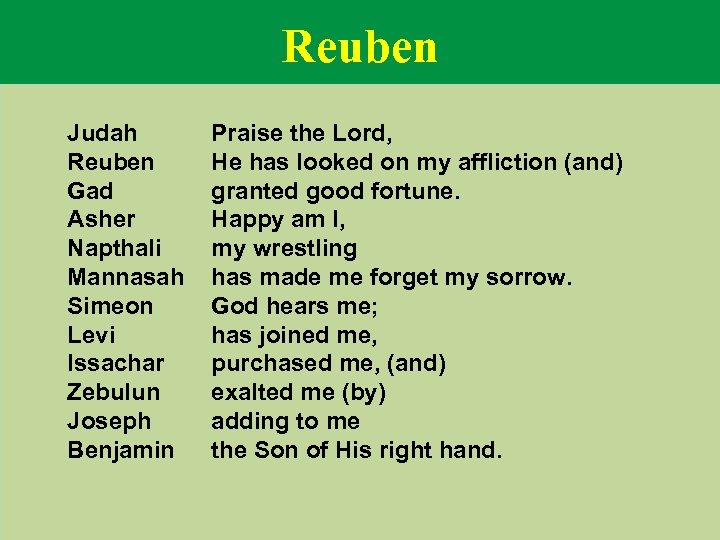 Reuben Judah Reuben Gad Asher Napthali Mannasah Simeon Levi Issachar Zebulun Joseph Benjamin Praise