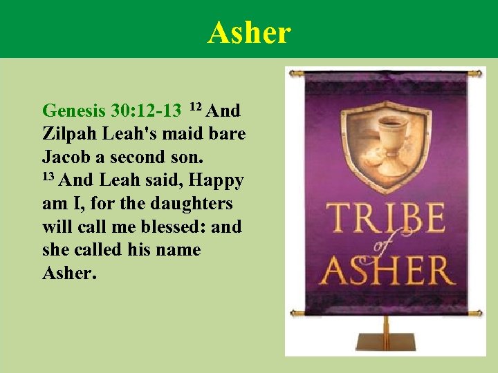 Asher Genesis 30: 12 -13 12 And Zilpah Leah's maid bare Jacob a second