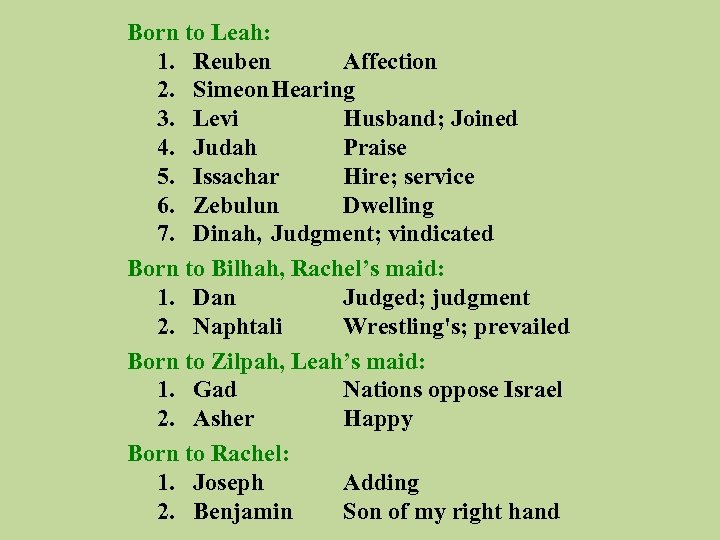 Born to Leah: 1. Reuben Affection 2. Simeon. Hearing 3. Levi Husband; Joined 4.