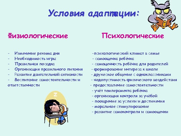 Условия адаптации: Физиологические - Изменение режима дня - Необходимость игры - Правильная посадка -