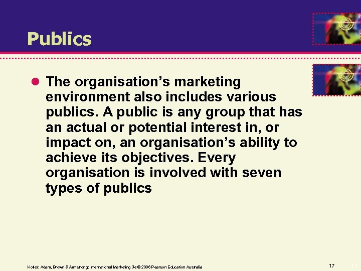 Publics The organisation’s marketing environment also includes various publics. A public is any group