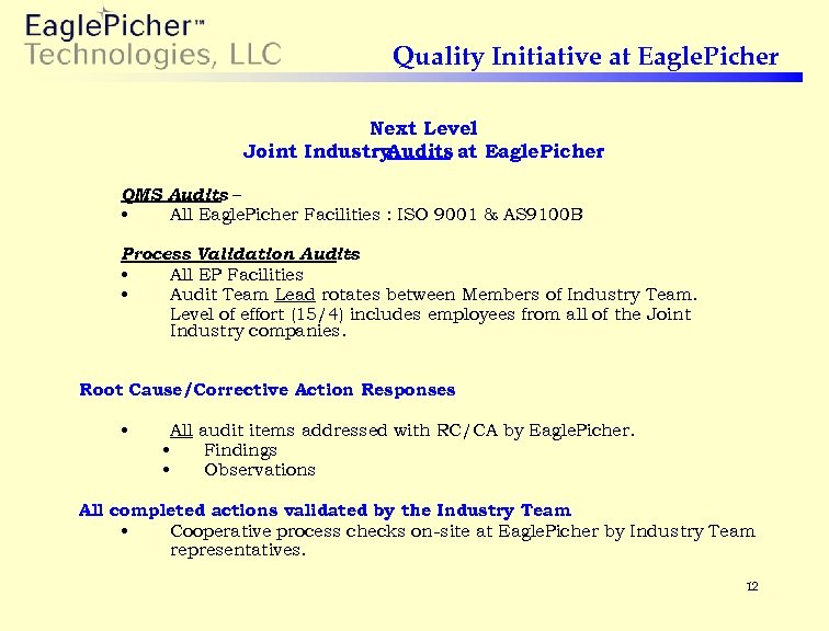 Quality Initiative at Eagle. Picher Next Level Joint Industry Audits at Eagle. Picher QMS