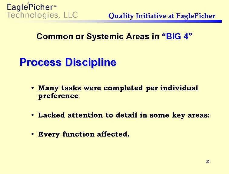 Quality Initiative at Eagle. Picher Common or Systemic Areas in “BIG 4” Process Discipline