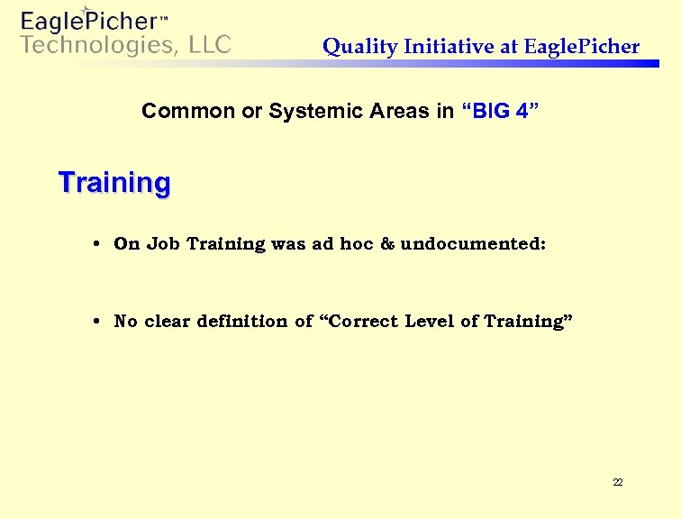 Quality Initiative at Eagle. Picher Common or Systemic Areas in “BIG 4” Training •