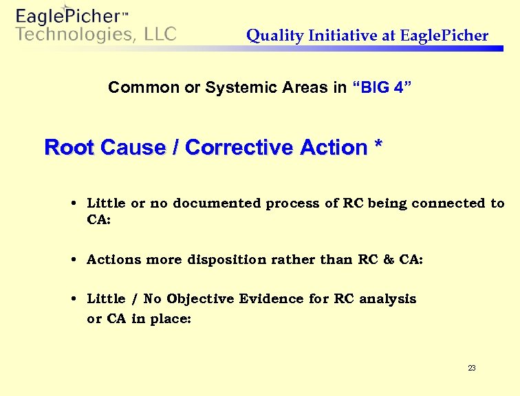 Quality Initiative at Eagle. Picher Common or Systemic Areas in “BIG 4” Root Cause