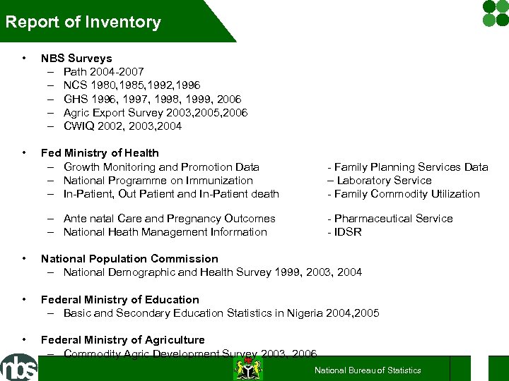 Report of Inventory • NBS Surveys – Path 2004 -2007 – NCS 1980, 1985,