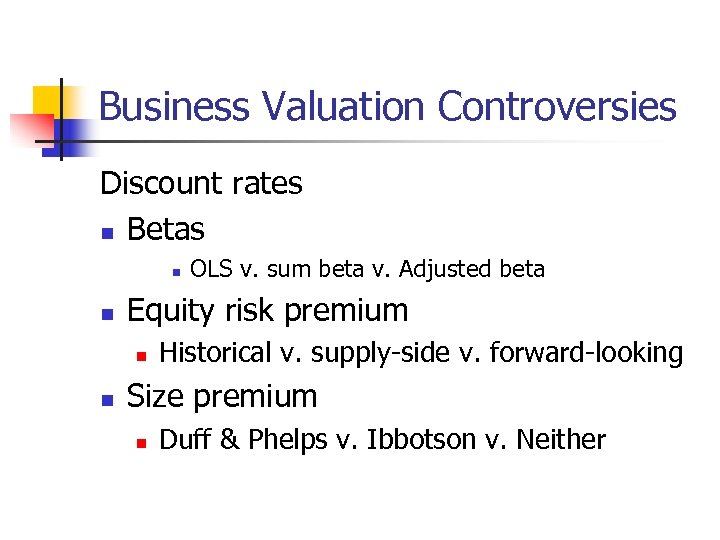 Business Valuation Controversies Discount rates n Betas n n Equity risk premium n n