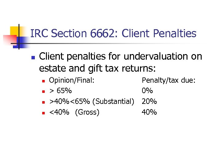 IRC Section 6662: Client Penalties n Client penalties for undervaluation on estate and gift
