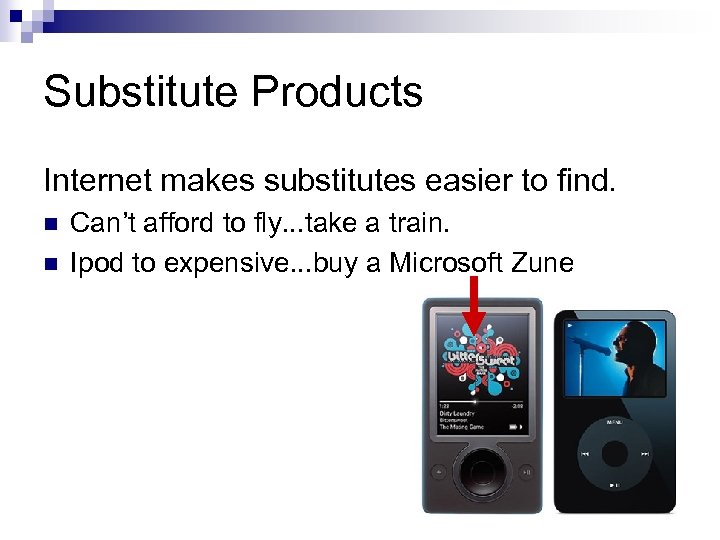 Substitute Products Internet makes substitutes easier to find. n n Can’t afford to fly.
