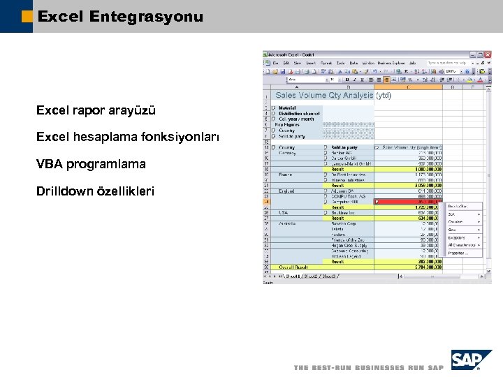 Excel Entegrasyonu Excel rapor arayüzü Excel hesaplama fonksiyonları VBA programlama Drilldown özellikleri 