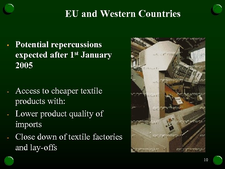 EU and Western Countries • Potential repercussions expected after 1 st January 2005 -