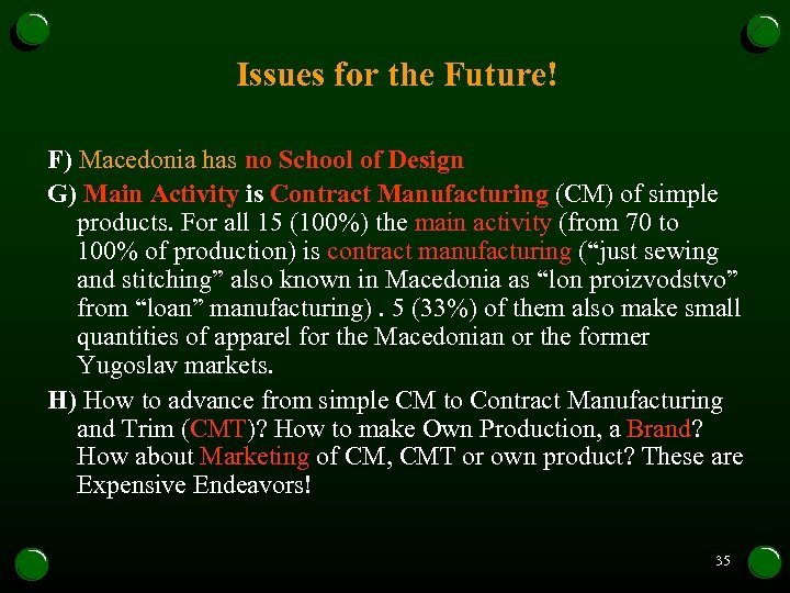 Issues for the Future! F) Macedonia has no School of Design G) Main Activity