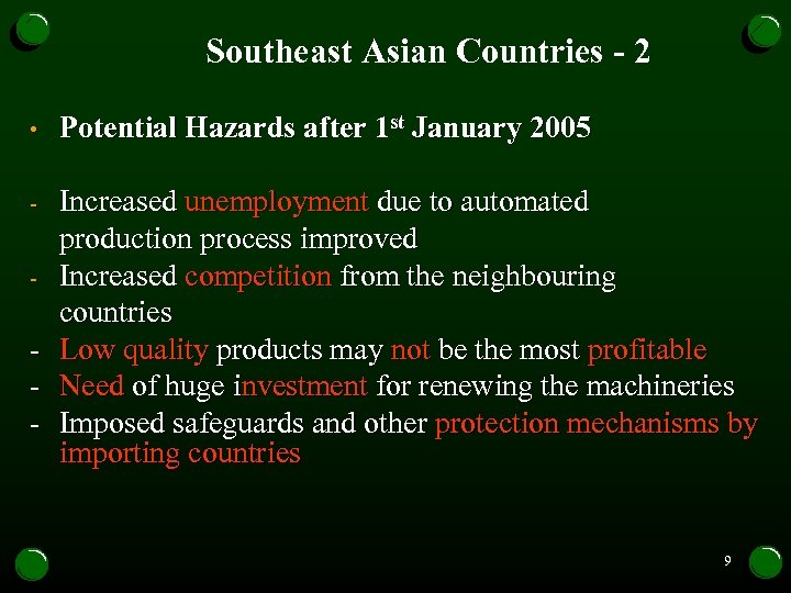 Southeast Asian Countries - 2 • Potential Hazards after 1 st January 2005 Increased