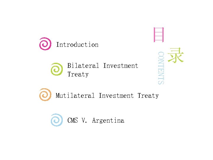 Introduction CONTENTS Bilateral Investment Treaty 目 录 Mutilateral Investment Treaty CMS V. Argentina 