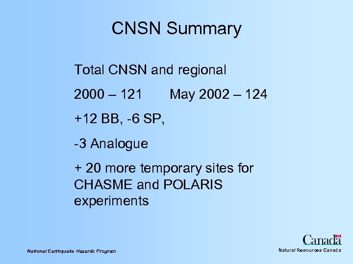 CNSN Summary Total CNSN and regional 2000 – 121 May 2002 – 124 +12