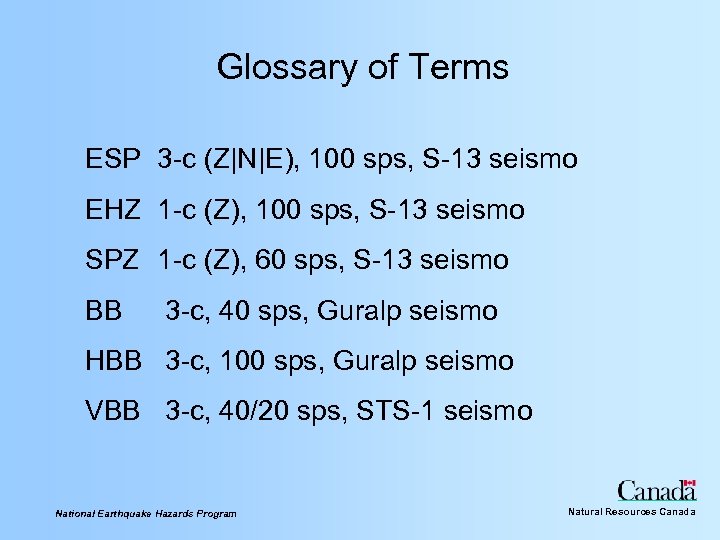 Glossary of Terms ESP 3 -c (Z|N|E), 100 sps, S-13 seismo EHZ 1 -c