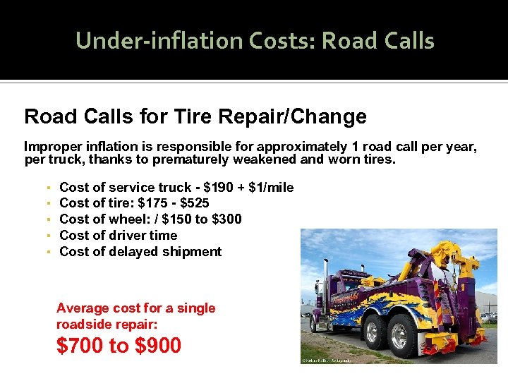 Under-inflation Costs: Road Calls for Tire Repair/Change Improper inflation is responsible for approximately 1