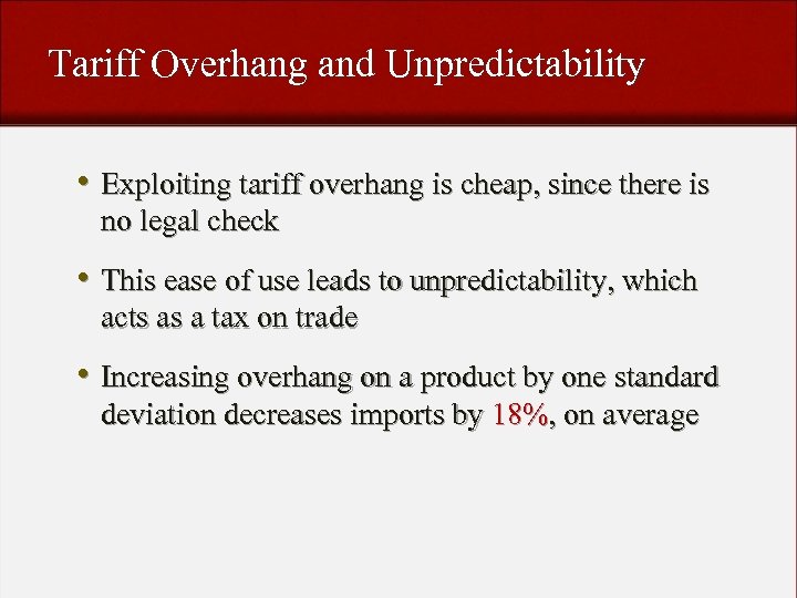Tariff Overhang and Unpredictability • Exploiting tariff overhang is cheap, since there is no