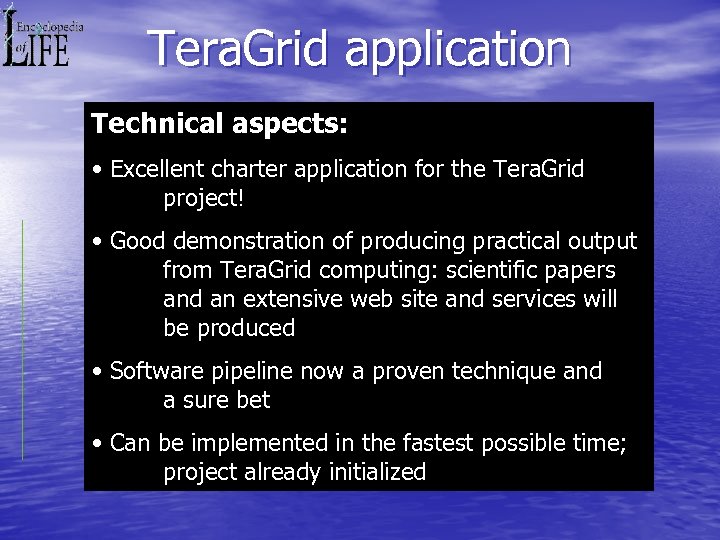 Tera. Grid application Technical aspects: • Excellent charter application for the Tera. Grid project!