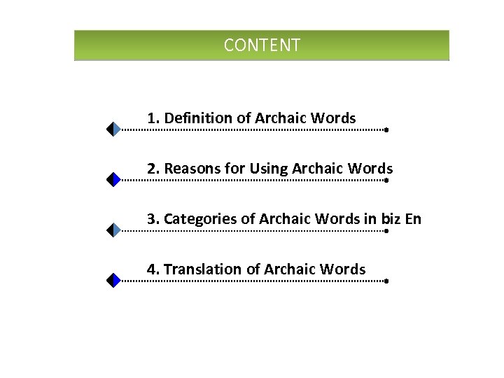 CONTENT 1. Definition of Archaic Words 2. Reasons for Using Archaic Words 3. Categories