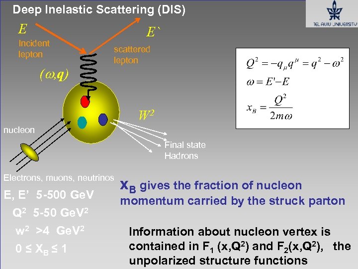 Deep Inelastic Scattering (DIS) E Incident lepton ( , q) E` scattered lepton W