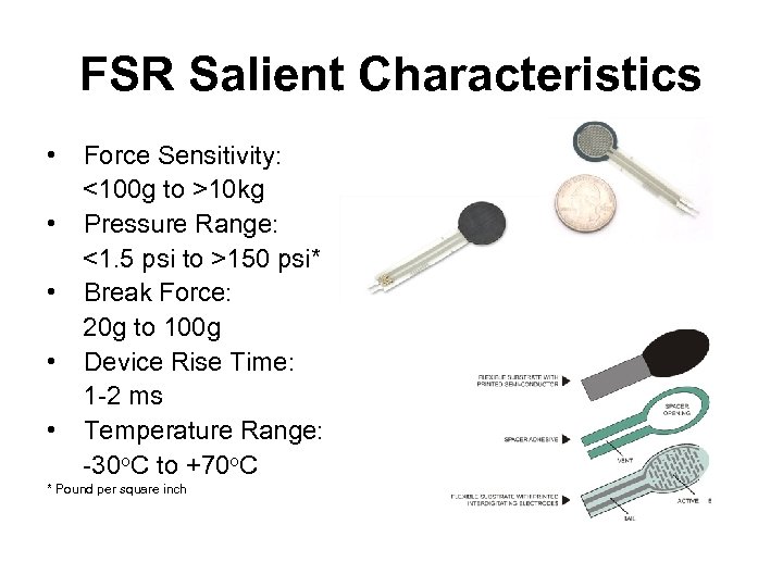 FSR Salient Characteristics • • • Force Sensitivity: <100 g to >10 kg Pressure
