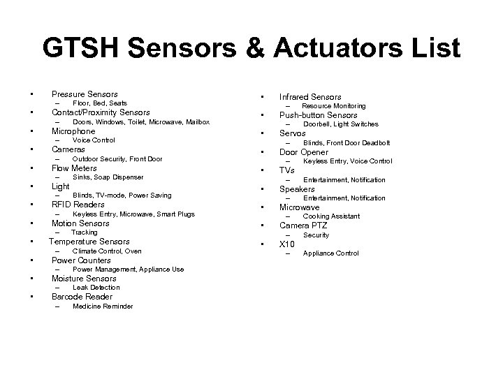 GTSH Sensors & Actuators List • Pressure Sensors – • Floor, Bed, Seats Contact/Proximity