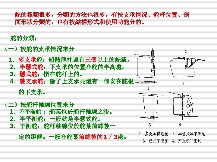 舵的種類很多，分類的方法也很多，有按支承情況、舵杆位置、剖 面形狀分類的，也有按結構形式和使用功能分的。 舵的分類： （一）按舵的支承情況來分 1．多支承舵：船體尾柱連有三個以上的舵鈕。 2．半懸式舵：下支承的位置在舵的半高處。 3．懸式舵：掛在舵杆上的。 4．雙支承舵：除了上支承兒還有一個安在舵根 的下支承。 （二）按舵杆軸線位置來分 1．不平衡舵 ：舵葉位於舵杆軸線之後。 2．半平衡舵：一般就是半懸式舵。 3．平衡舵：舵杆軸線位於舵葉前緣後一