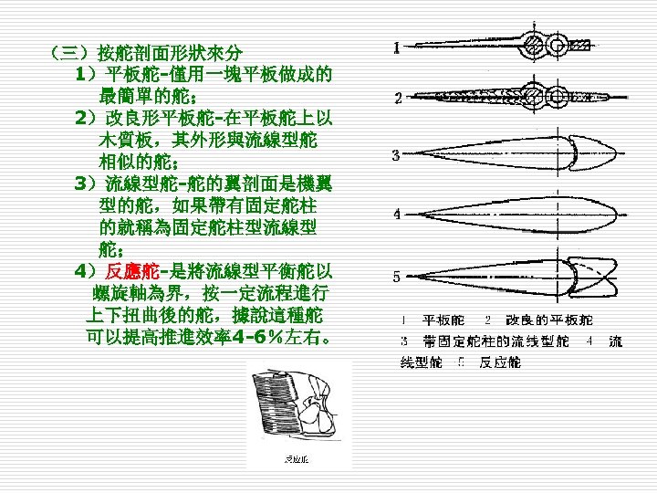 （三）按舵剖面形狀來分 1）平板舵-僅用一塊平板做成的 最簡單的舵； 2）改良形平板舵-在平板舵上以 木質板，其外形與流線型舵 相似的舵； 3）流線型舵-舵的翼剖面是機翼 型的舵，如果帶有固定舵柱 的就稱為固定舵柱型流線型 舵； 4）反應舵-是將流線型平衡舵以 螺旋軸為界，按一定流程進行 上下扭曲後的舵，據說這種舵 可以提高推進效率4