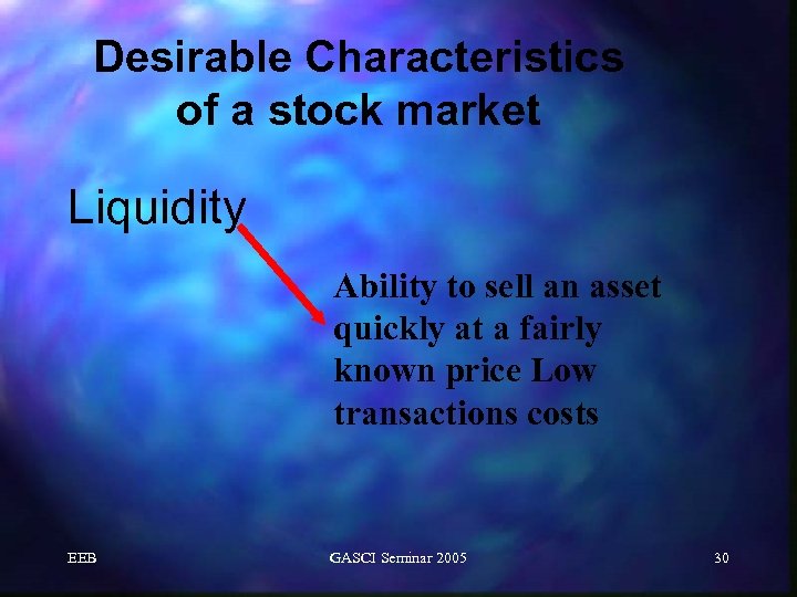 Desirable Characteristics of a stock market Liquidity Ability to sell an asset quickly at