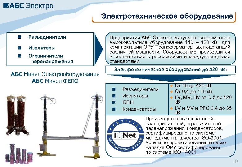 Электротехническое оборудование Разъединители Изоляторы Ограничители перенапряжения АБС Минел Электрооборудование АБС Минел ФЕПО Предприятия АБС