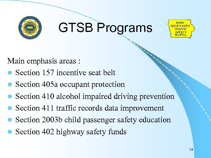 GTSB Programs Main emphasis areas : l Section 157 incentive seat belt l Section