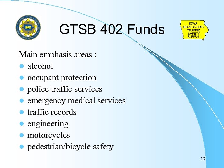 GTSB 402 Funds Main emphasis areas : l alcohol l occupant protection l police