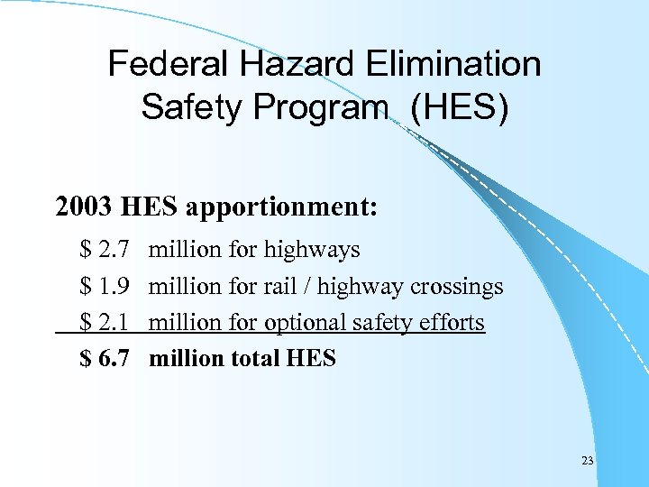 Federal Hazard Elimination Safety Program (HES) 2003 HES apportionment: $ 2. 7 million for