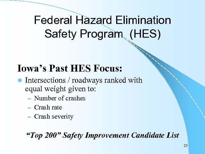 Federal Hazard Elimination Safety Program (HES) Iowa’s Past HES Focus: l Intersections / roadways