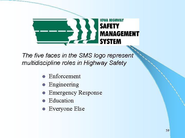 The five faces in the SMS logo represent multidiscipline roles in Highway Safety l