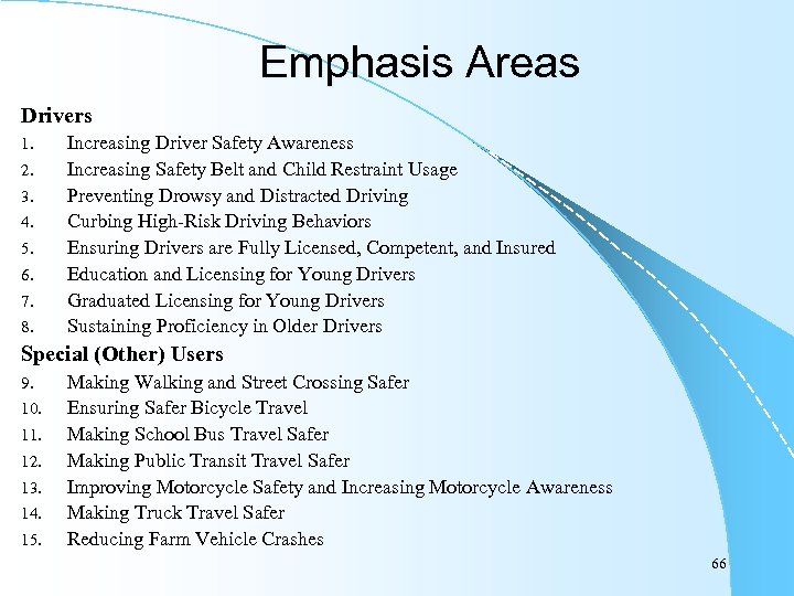 Emphasis Areas Drivers 1. 2. 3. 4. 5. 6. 7. 8. Increasing Driver Safety